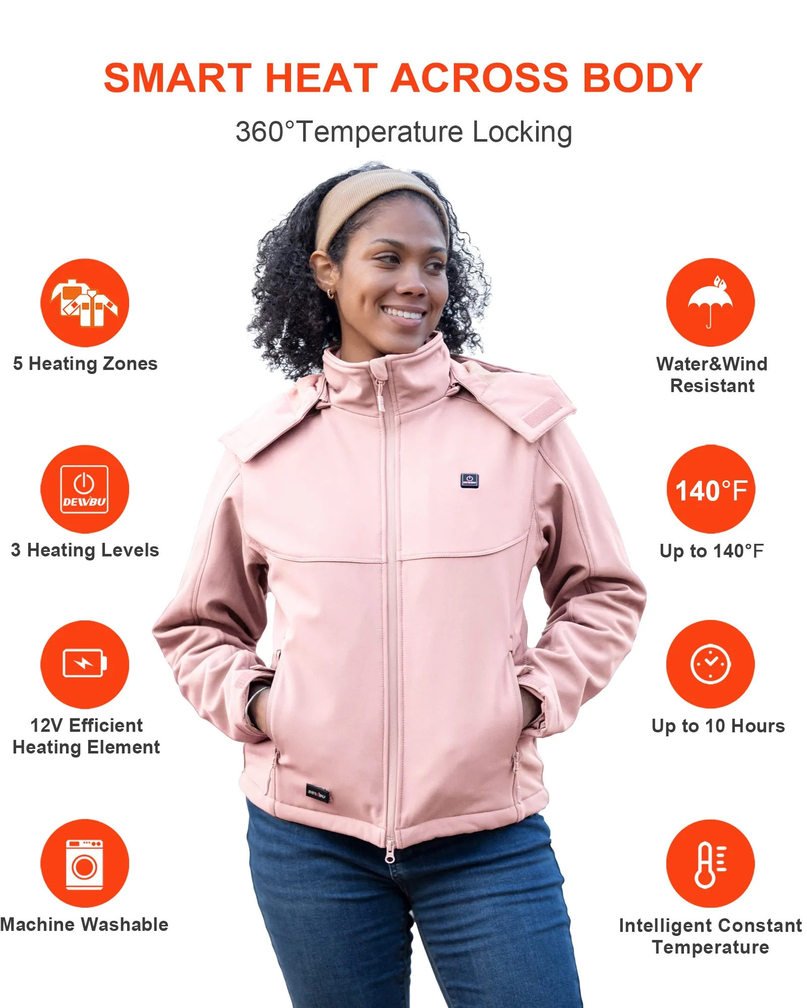 Women's Soft Shell Heated Jacket Detachable Hood With 12V Battery Pack - Pink sold by DEWBU product image thumbnail 4