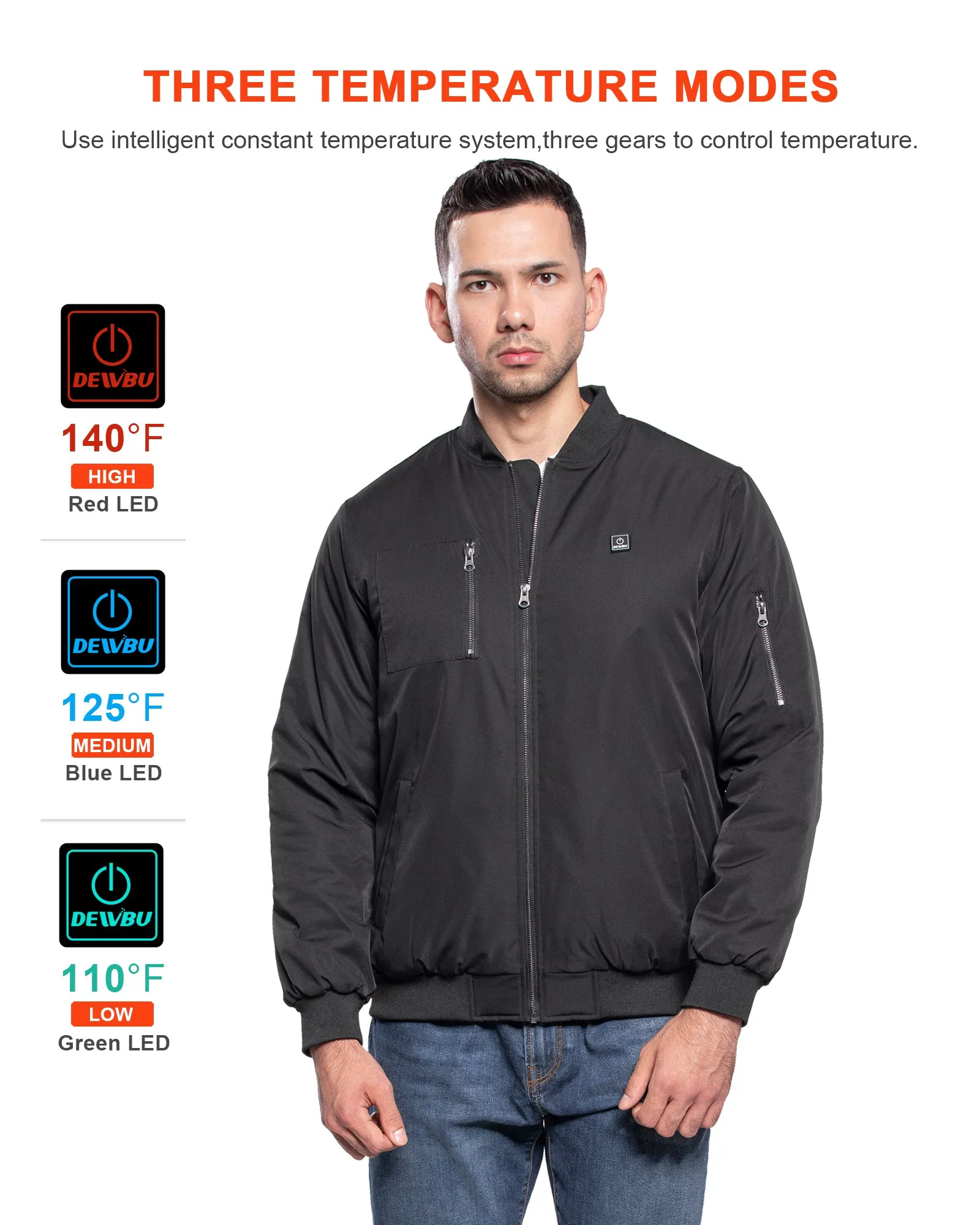 Men's Heated Bomber Padded Jacket with 12V Battery Pack -Black With Black Zipper sold by DEWBU product image thumbnail 5