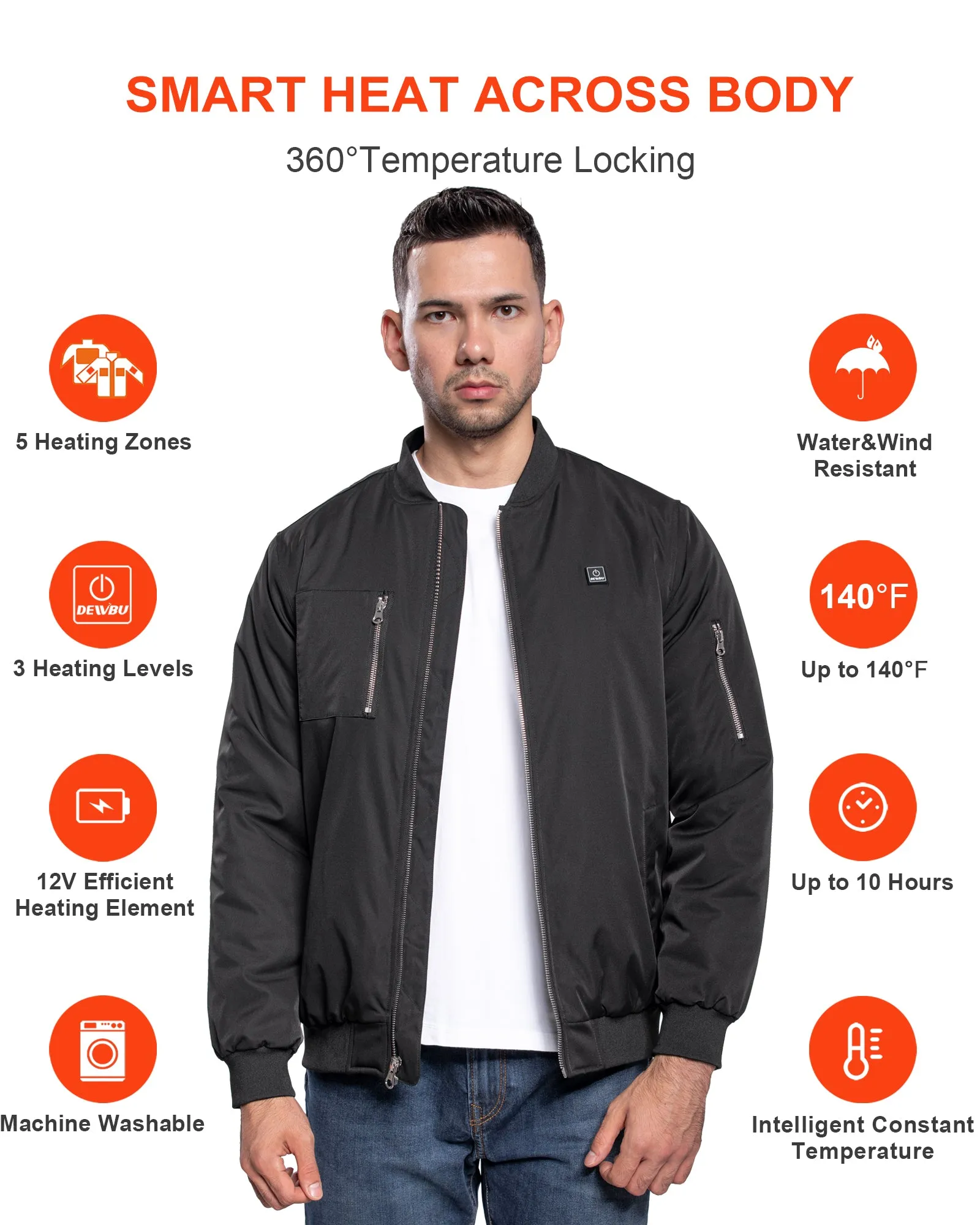 Men's Heated Bomber Padded Jacket with 12V Battery Pack -Black With Silver Zipper sold by DEWBU product image thumbnail 4