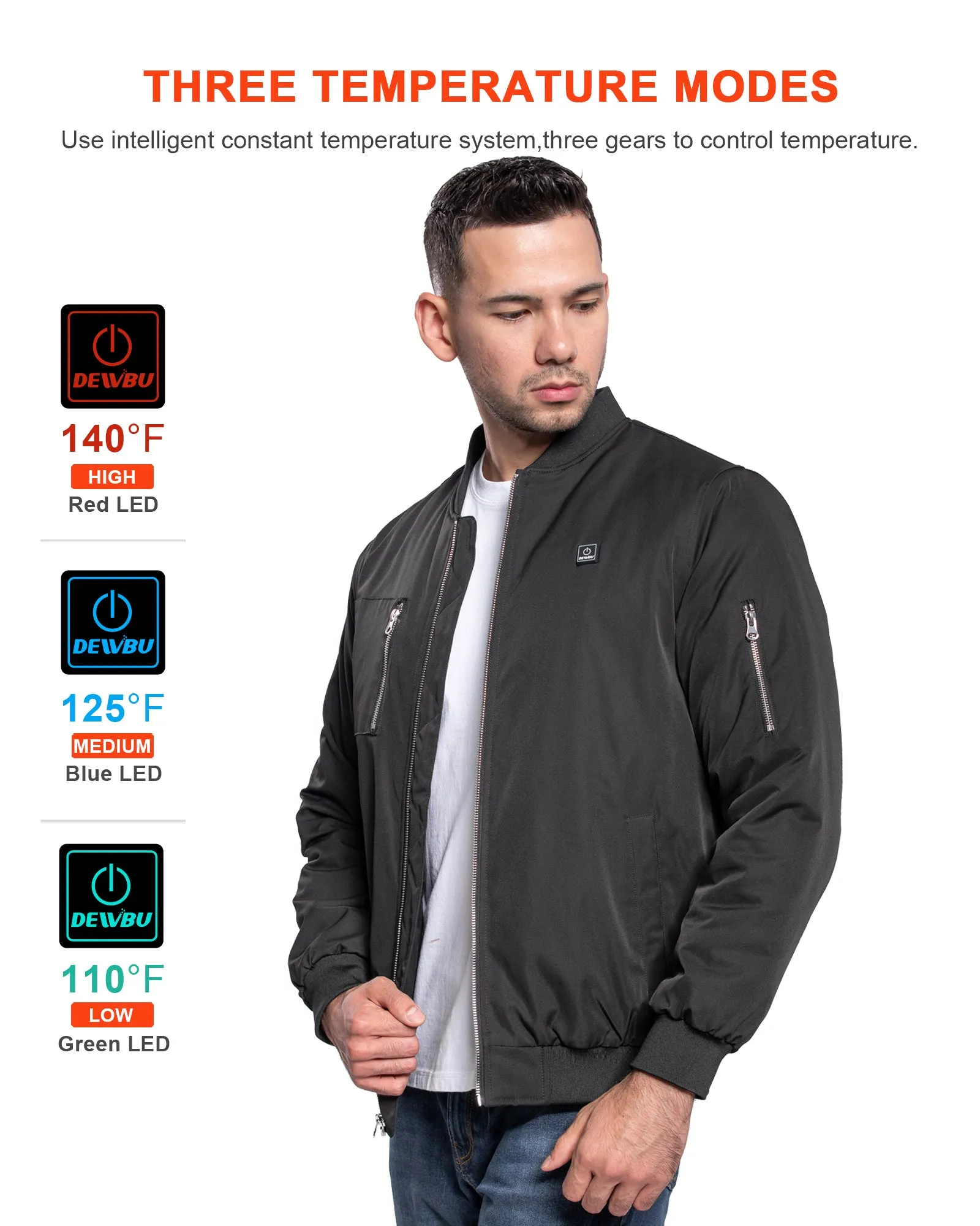 Men's Heated Bomber Padded Jacket with 12V Battery Pack -Black With Silver Zipper sold by DEWBU product image thumbnail 5