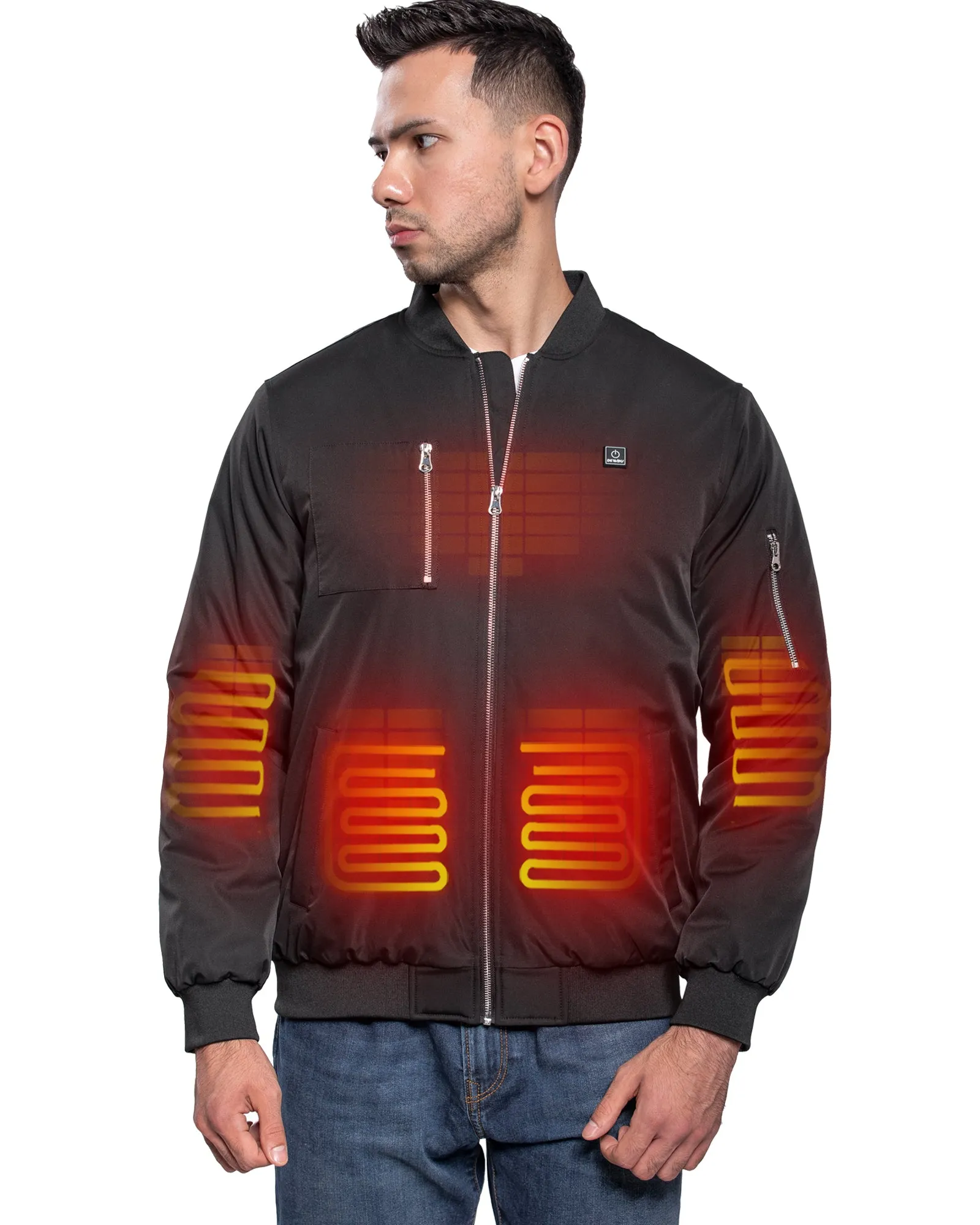 Men's Heated Bomber Padded Jacket with 12V Battery Pack -Black With Silver Zipper sold by DEWBU