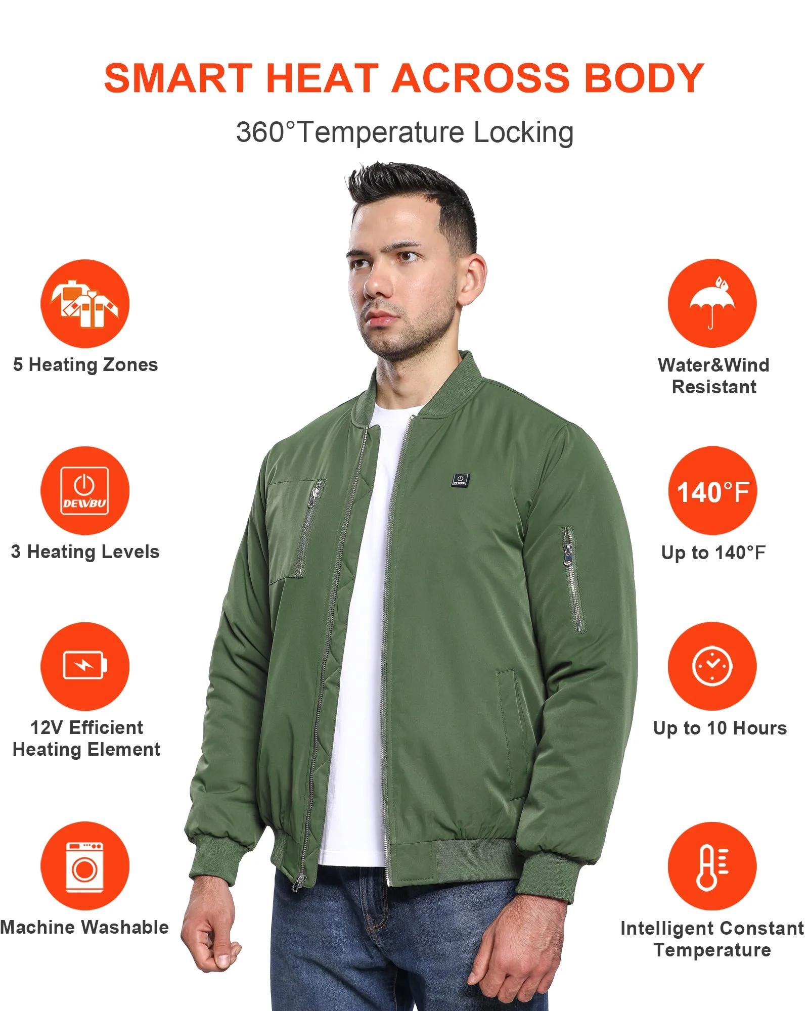 Men's Heated Bomber Padded Jacket with 12V Battery Pack -Olive Green sold by DEWBU product image thumbnail 4