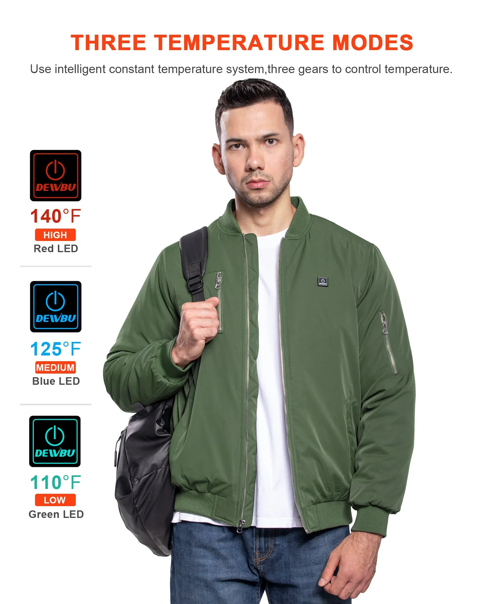 Men's Heated Bomber Padded Jacket with 12V Battery Pack -Olive Green sold by DEWBU product image thumbnail 5