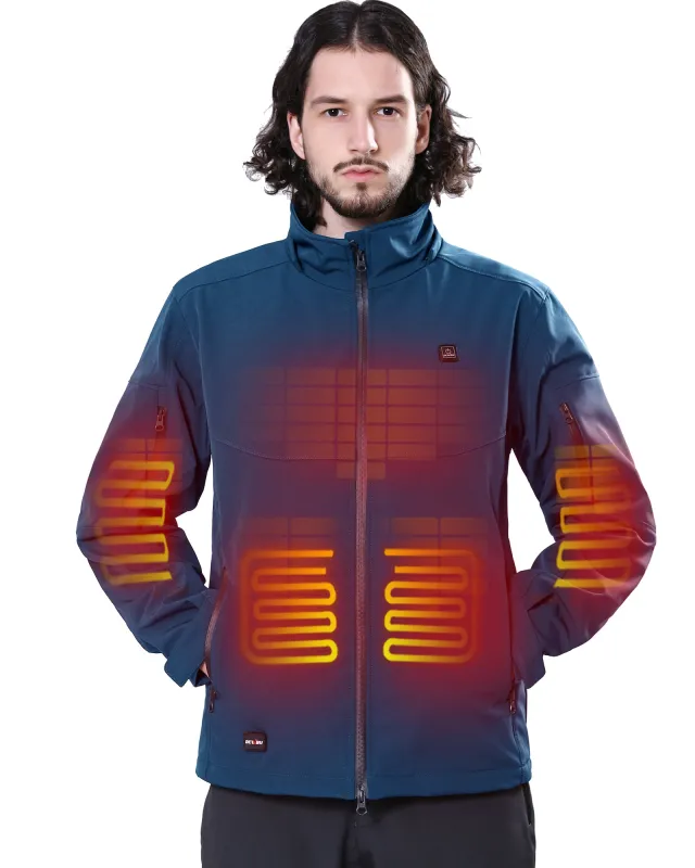 [New Color] Men's Soft Shell Heated Jacket Detachable Hood With 12V Battery Pack - Bright Blue sold by DEWBU