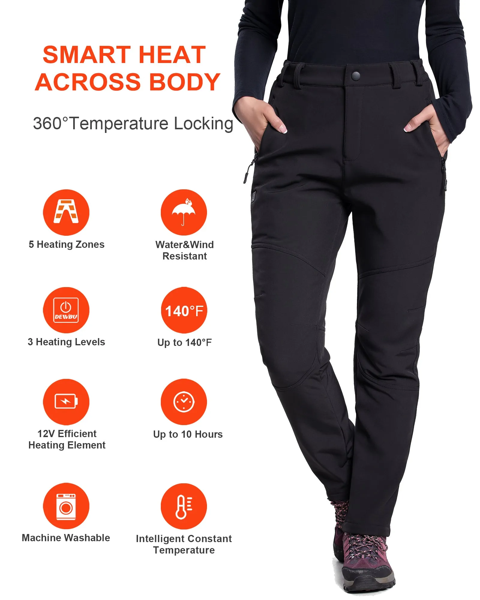 Women's Soft Shell Heated Pants with 12V Battery Pack Fleece Lined - Black sold by DEWBU product image thumbnail 4