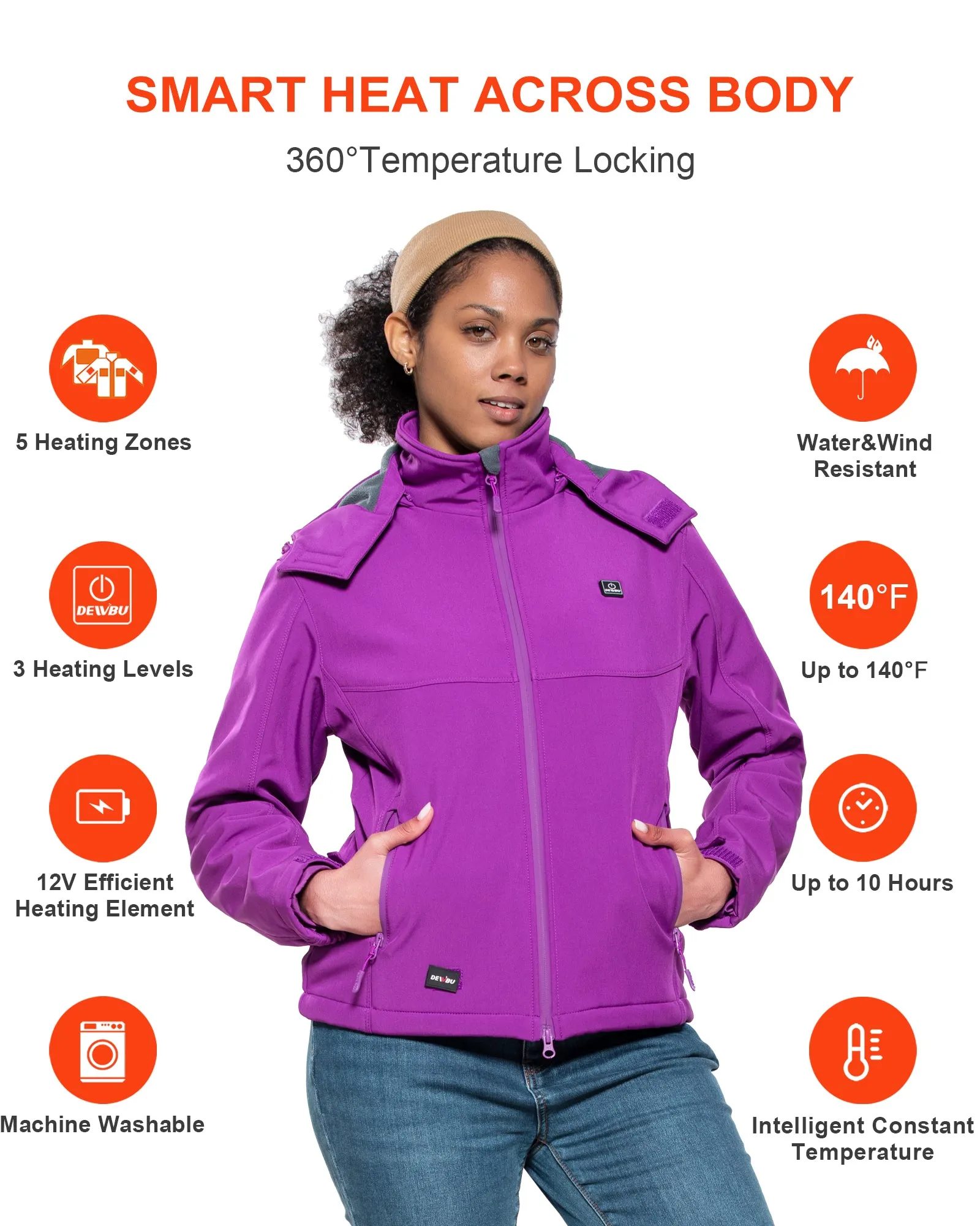 Women's Soft Shell Heated Jacket Detachable Hood With 12V Battery Pack - Purple sold by DEWBU product image thumbnail 4