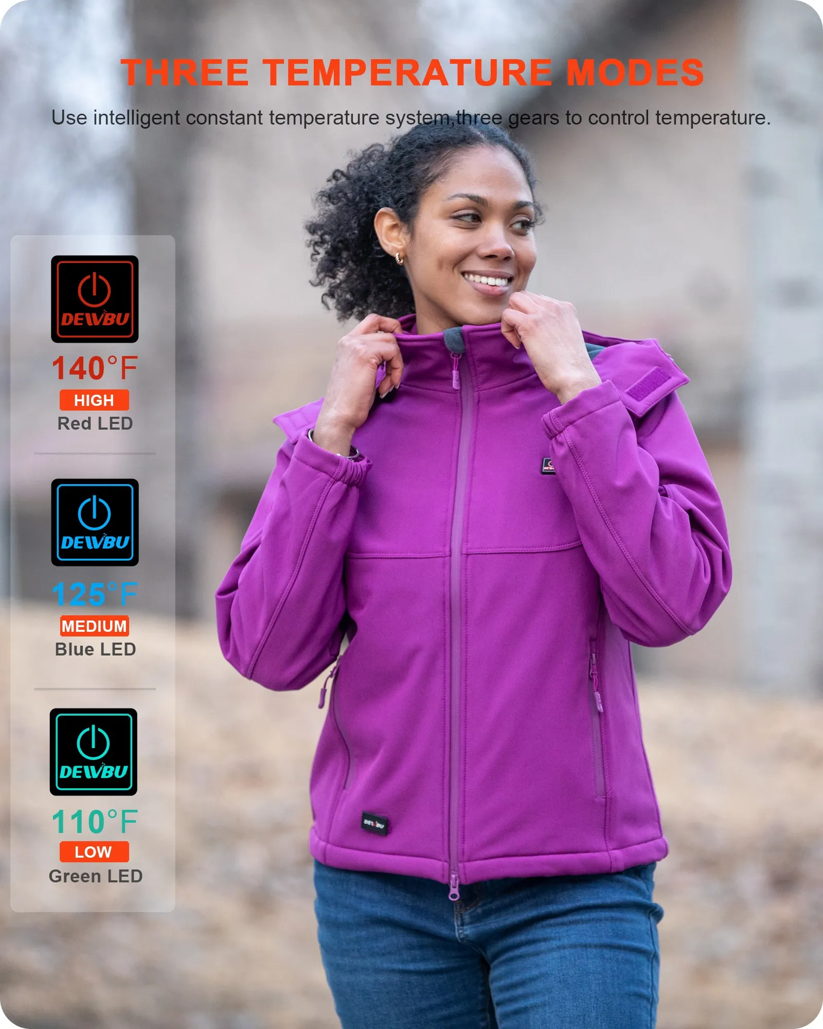 Women's Soft Shell Heated Jacket Detachable Hood With 12V Battery Pack - Purple sold by DEWBU product image thumbnail 5