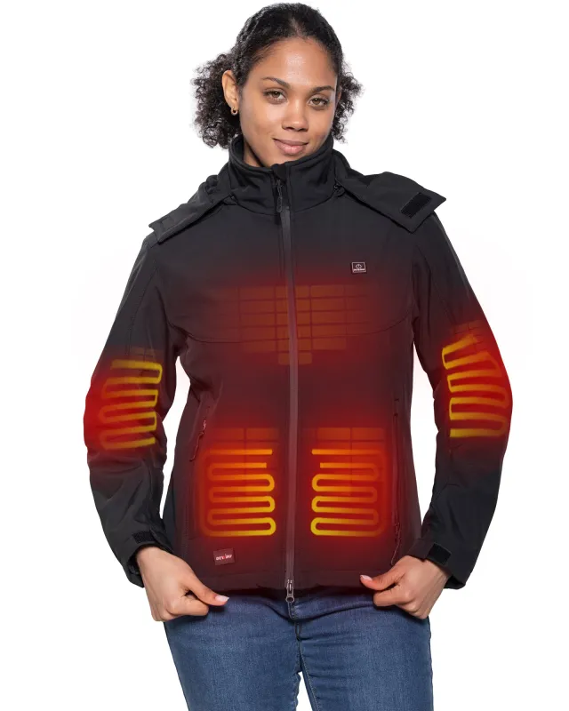 Women's Soft Shell Heated Jacket Detachable Hood With 12V Battery Pack - Black sold by DEWBU