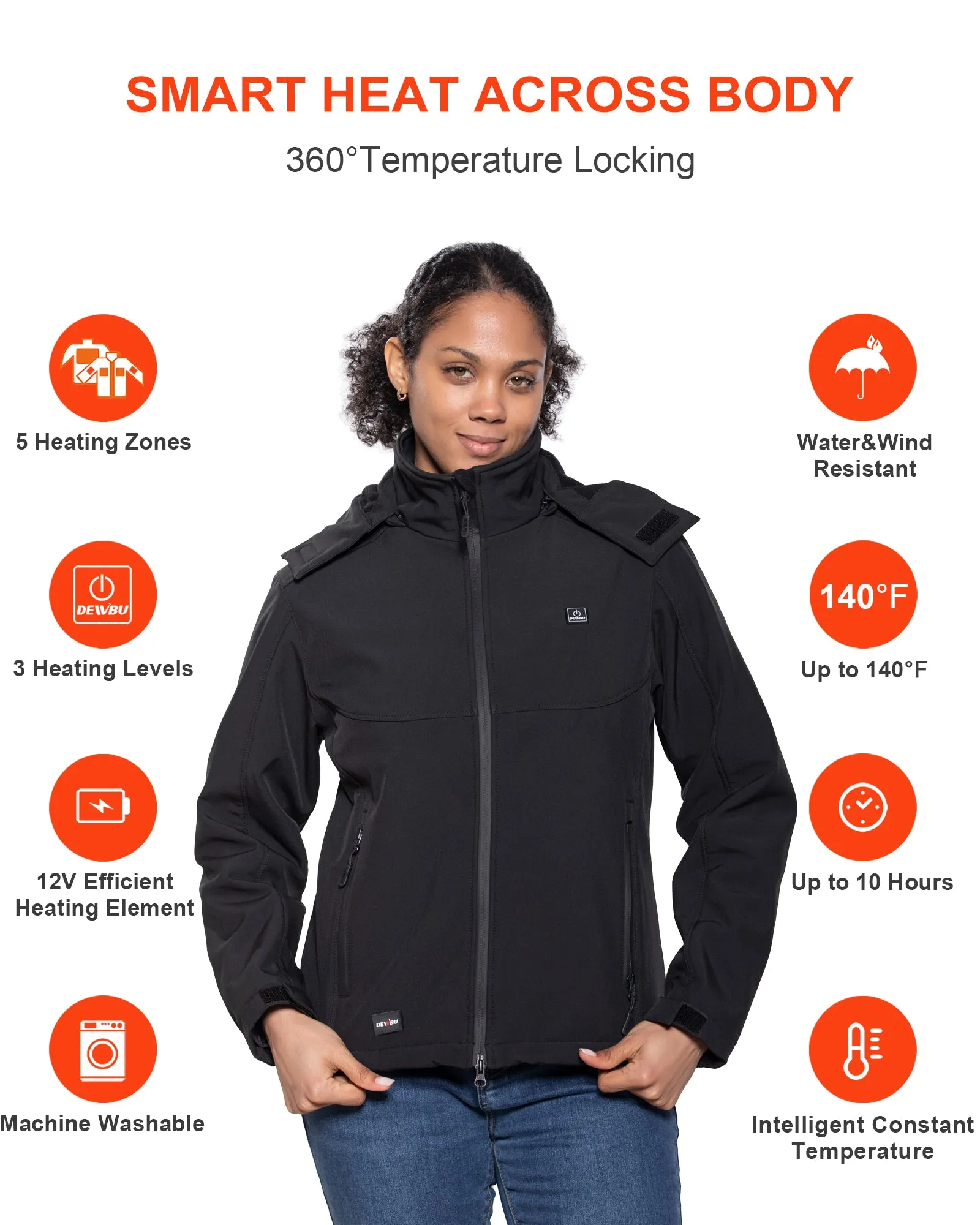 Women's Soft Shell Heated Jacket Detachable Hood With 12V Battery Pack - Black sold by DEWBU product image thumbnail 4