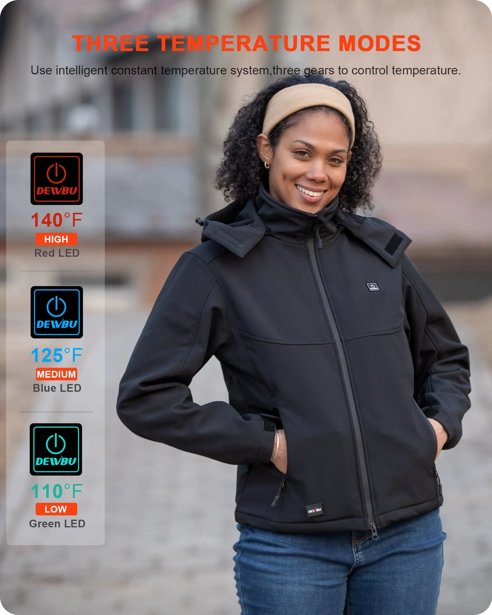 Women's Soft Shell Heated Jacket Detachable Hood With 12V Battery Pack - Black sold by DEWBU product image thumbnail 5