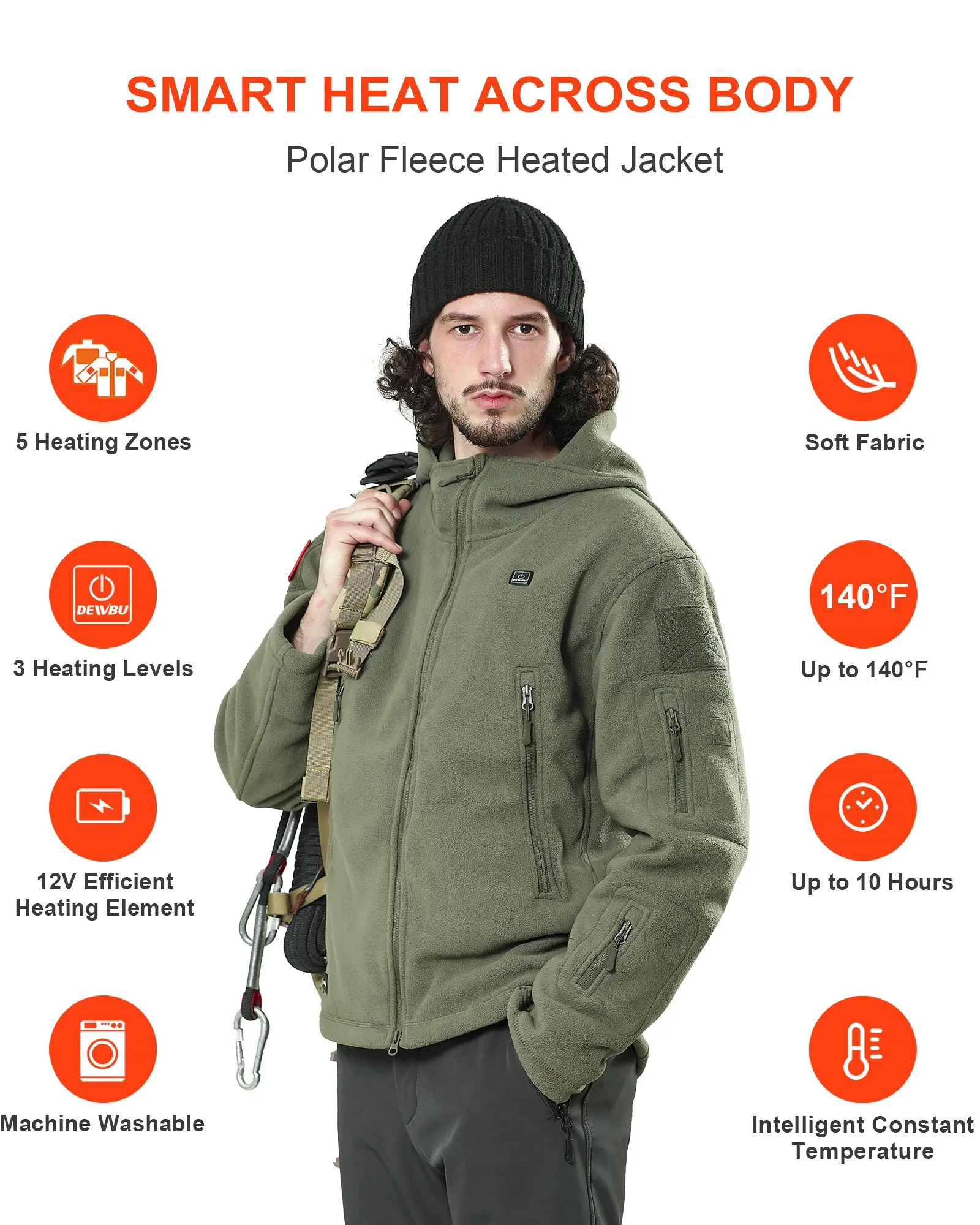 Men's Polar Fleece Heated Jacket With 12V Battery Pack - Olive Green sold by DEWBU product image thumbnail 4