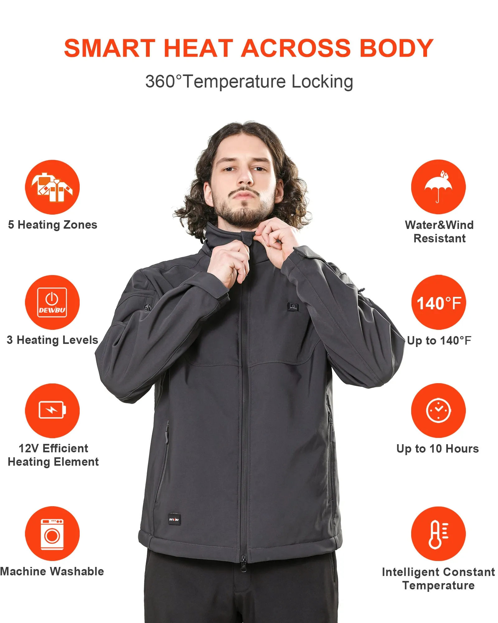 Men's Heated Jacket Detachable Hood With 12V Battery Pack - Grey sold by DEWBU product image thumbnail 4