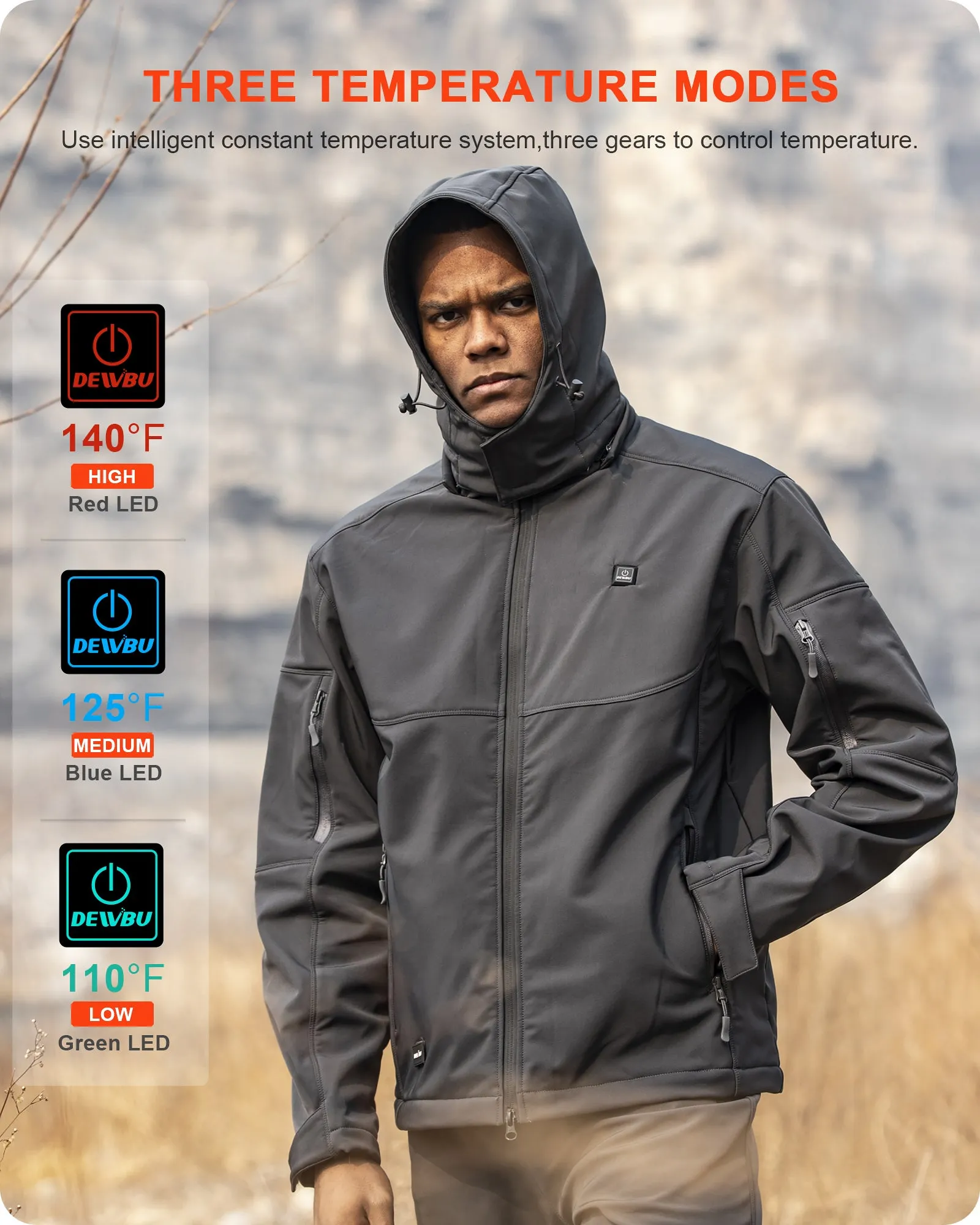 Men's Heated Jacket Detachable Hood With 12V Battery Pack - Grey sold by DEWBU product image thumbnail 5