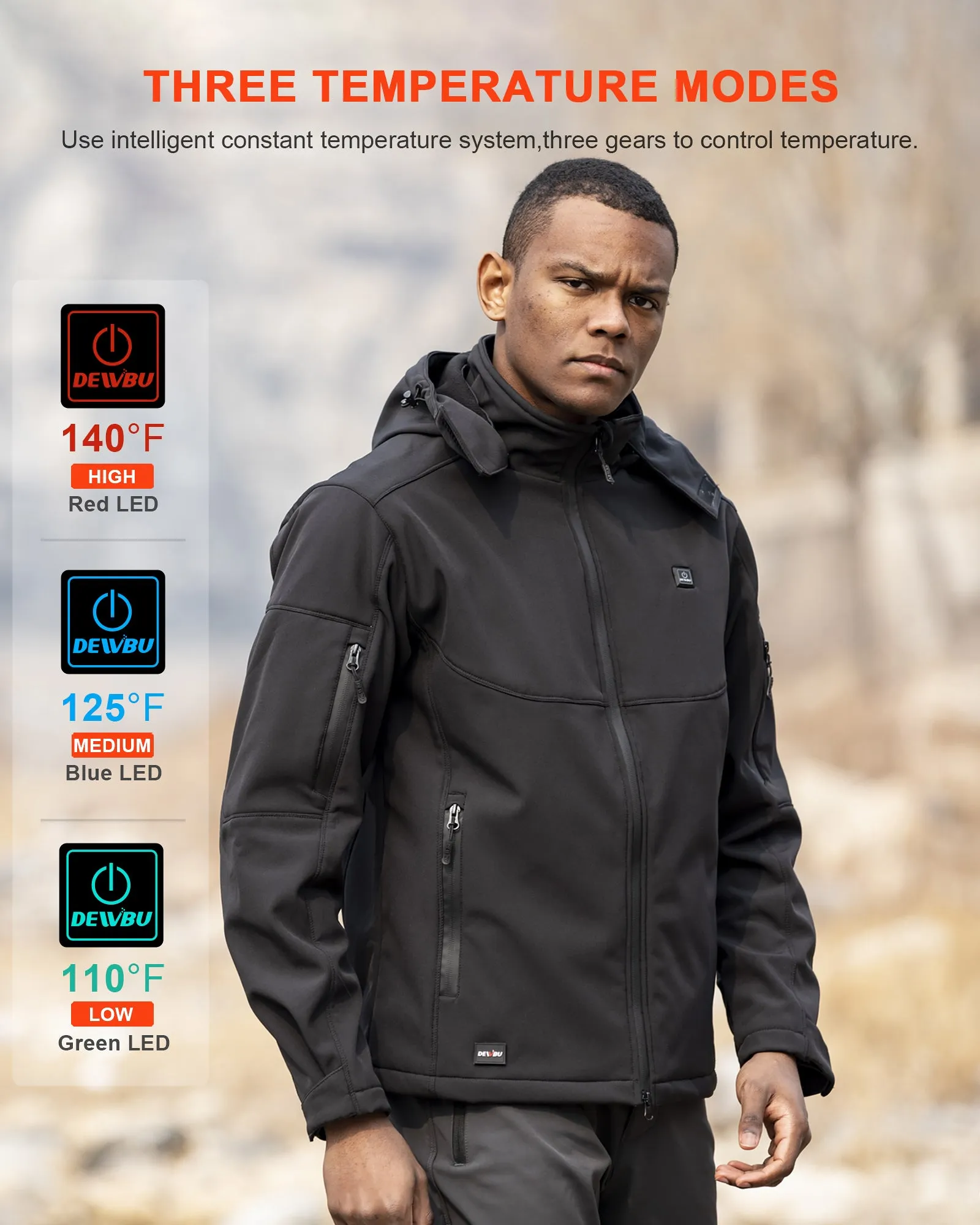 Men's Soft Shell Heated Jacket Detachable Hood With 12V Battery Pack sold by DEWBU product image thumbnail 5