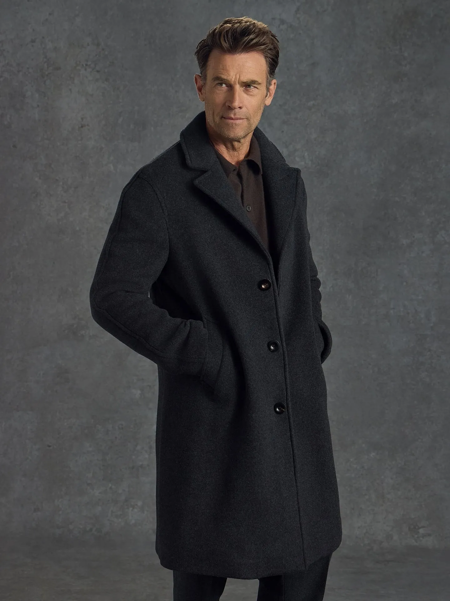 The Woollen Crew Coat - Charcoal sold by Private White V.C.