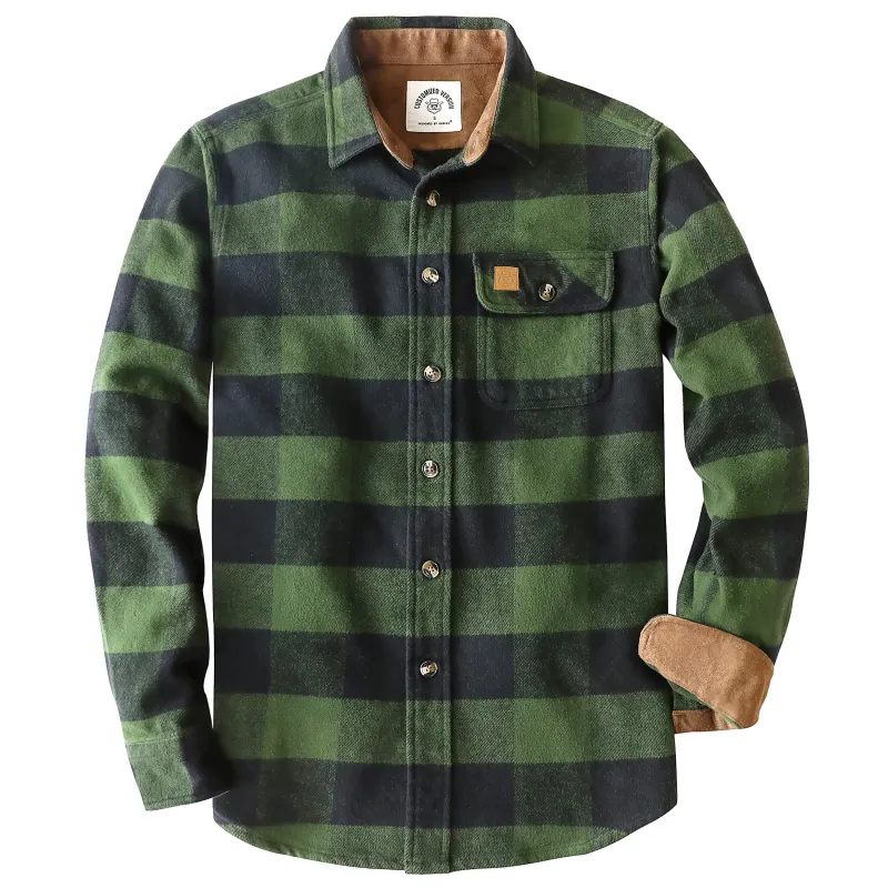 Dubinik® 10.8oz Ultra Heavyweight Green Flannel Shirt for Men Long Sleeve Casual Button Down Soft Pure Cotton Plaid Warm Suede Cuffs#0082017 made by Dubinik