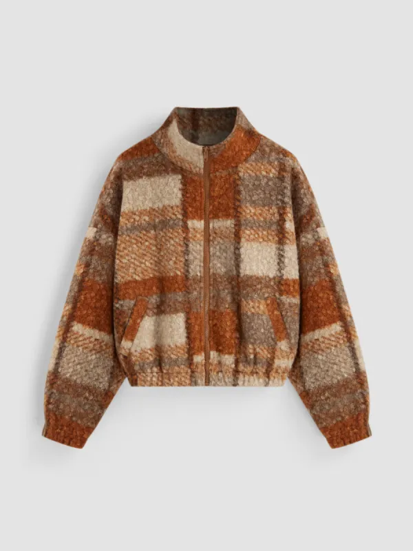 Fleece Stand Collar Checks Pocket Oversized Jacket sold by Cider