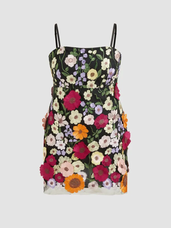 Jacquard Square Neck Colorful Floral Embroidery Mini Dress Curve & Plus sold by Cider