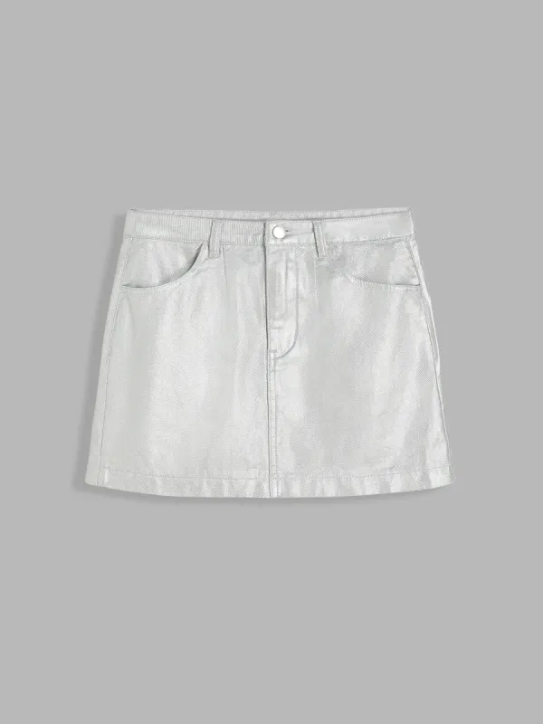 Denim Metallic High Waist Mini Skirt sold by Cider