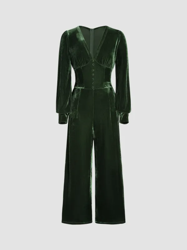 Velvet V-neck Corset Wide Leg Jumpsuit sold by Cider