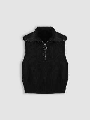 Collar Solid Sleeveless Zipper Knitted Crop Vest sold by Cider
