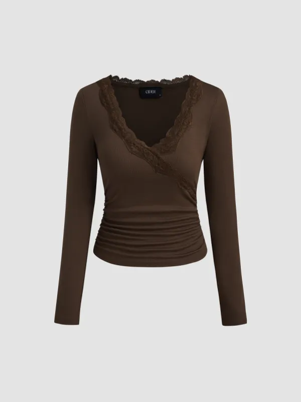 V-neck Solid Lace Trim Ruched Long Sleeve Top sold by Cider