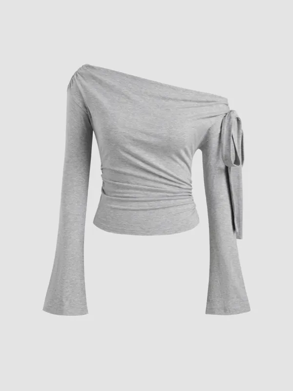 Off-shoulder Solid Knotted Ruched Long Bell Sleeve Top sold by Cider