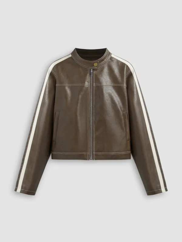 Faux Leather Stand Collar Side Stripe Pocket Zipper Jacket sold by Cider