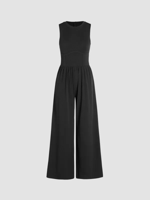 Solid Sleeveless Wide Leg Jumpsuit sold by Cider