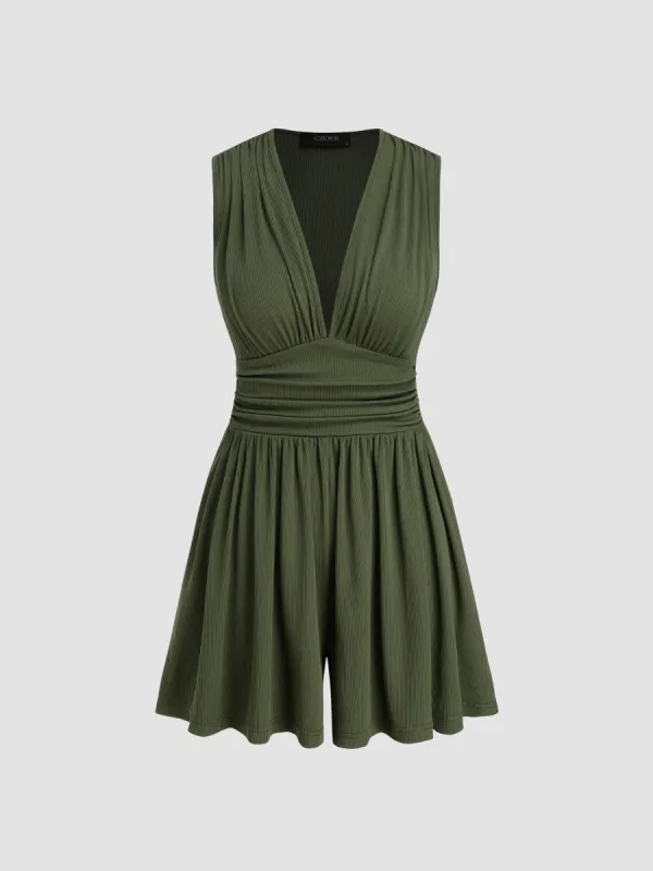 V-neck Solid Ruched Pocket Romper made by Cider