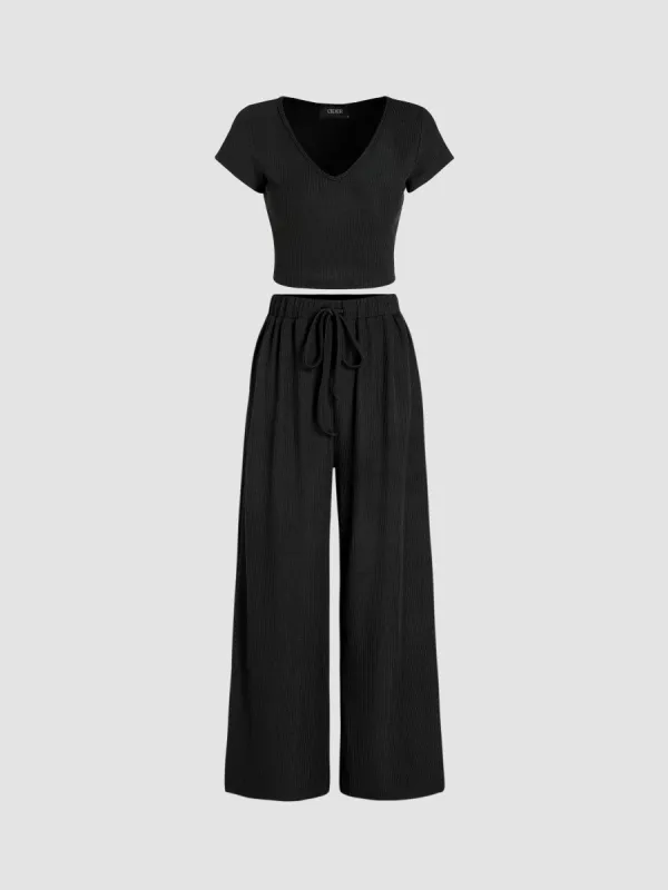 V-neck Short Sleeve Crop Tee & Knotted Wide Leg Pants Set sold by Cider