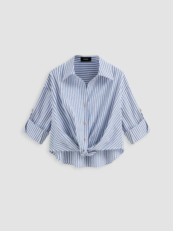 Cotton-blend Collar Striped Knotted Roll-up Long Sleeve Shirt sold by Cider