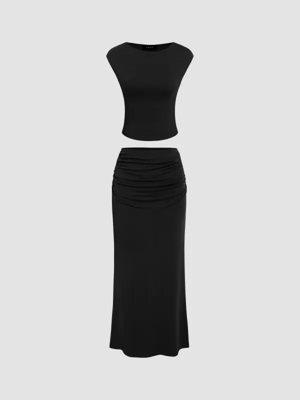 Solid Tank Top & Ruched Maxi Skirt sold by Cider