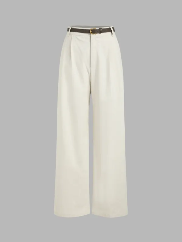 Petite Linen-blend Mid Rise Solid Wide Leg Trousers With Belt sold by Cider