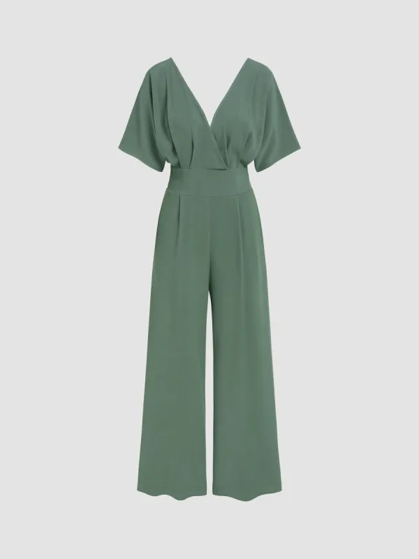 Linen-blend V-neck Solid Corset Middle Sleeve Pocket Jumpsuit sold by Cider