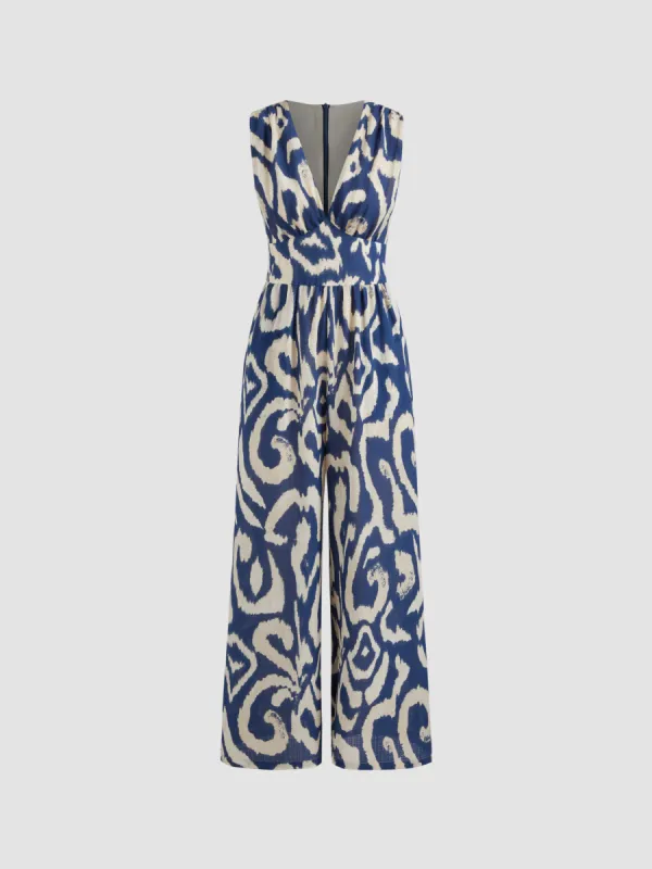 Woven V-neck Abstract Sleeveless Wide Leg Jumpsuit sold by Cider