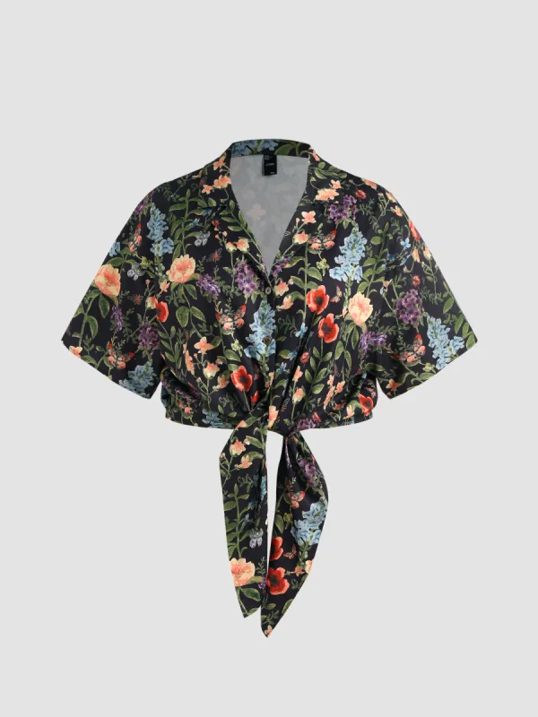 Floral Tie Front Short Sleeve Blouse Curve & Plus sold by Cider