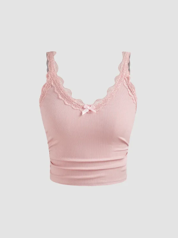 V-neck Bowknot Lace Cami Crop Top sold by Cider