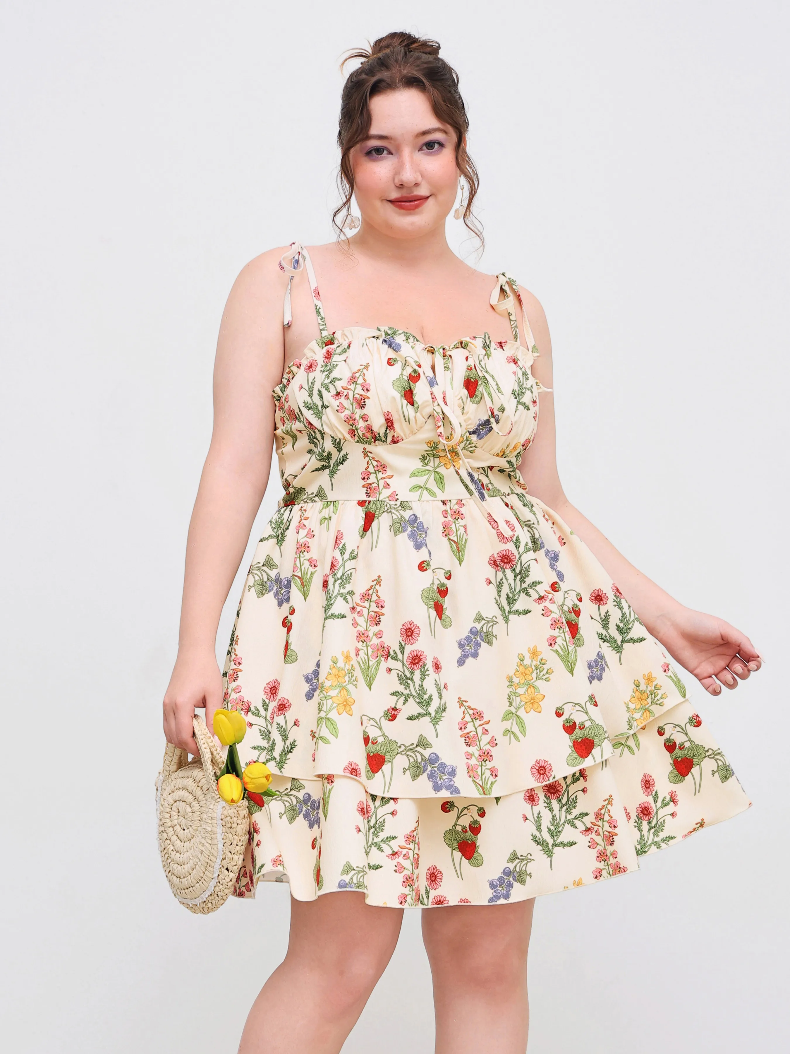 Woven Floral Ruffle Hem Knotted Layered Mini Dress Curve & Plus | Parallel