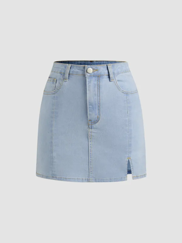 Denim Solid High Waist Split Mini Skirt made by Cider