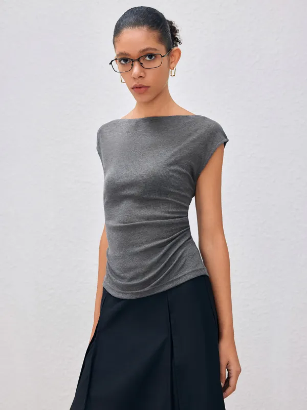 Boat Neck Solid Ruched Short Sleeve Top sold by Cider