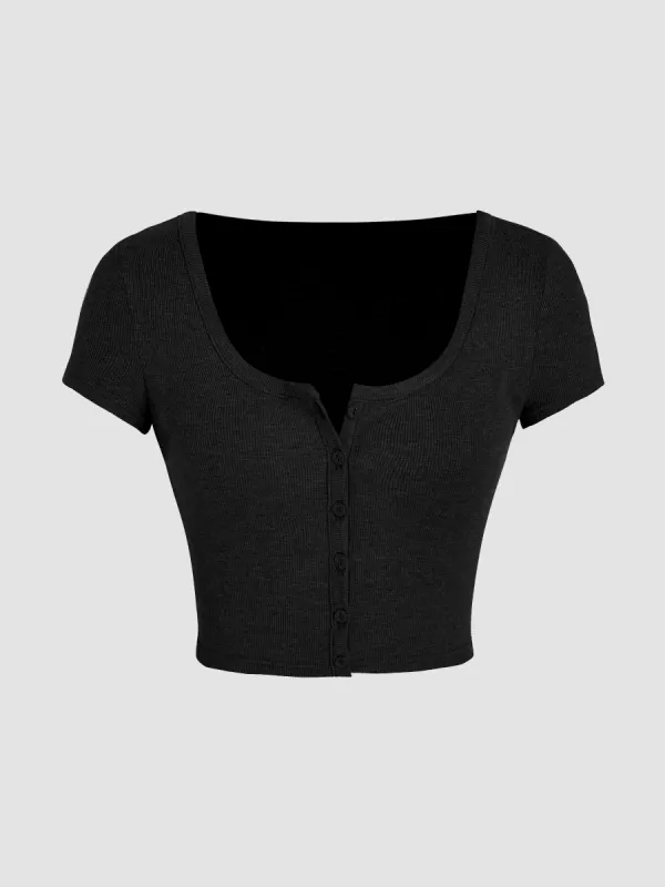 Solid Square Neck Button Up Crop Top sold by Cider