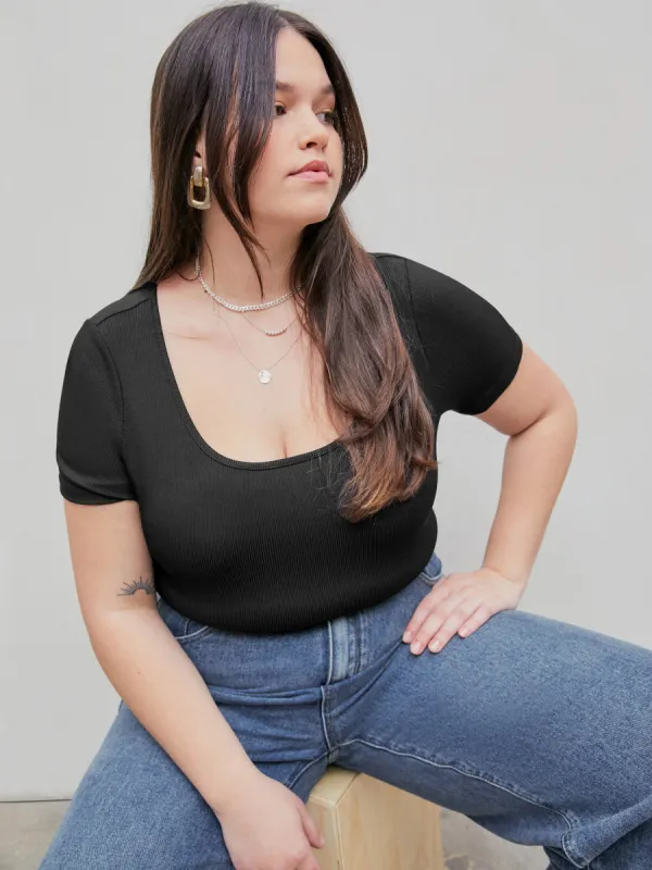 Solid Square Neck Short Sleeve Bodysuit Curve & Plus sold by Cider