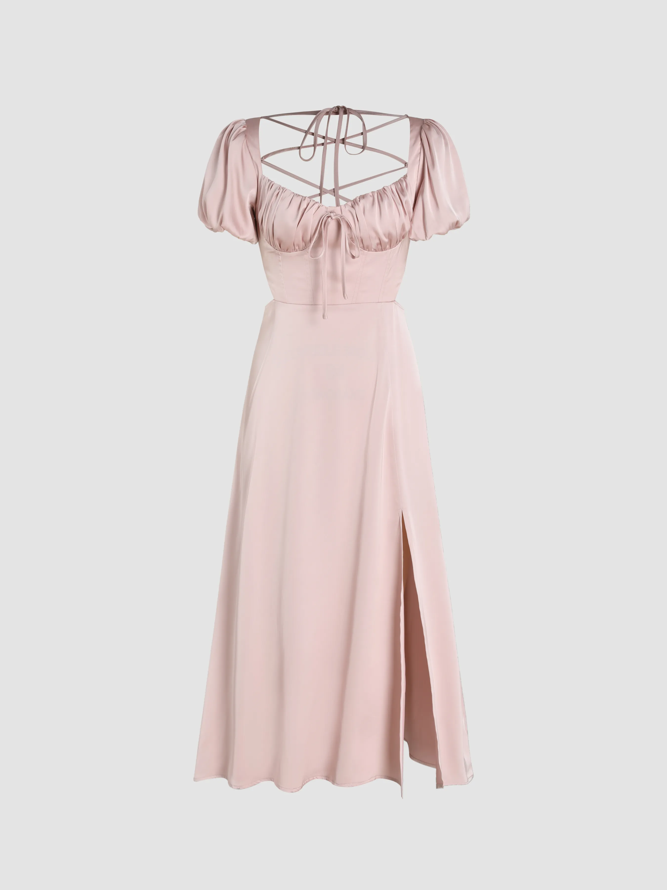 Satin Knotted Puff Sleeve Split Midi Dress sold by Cider