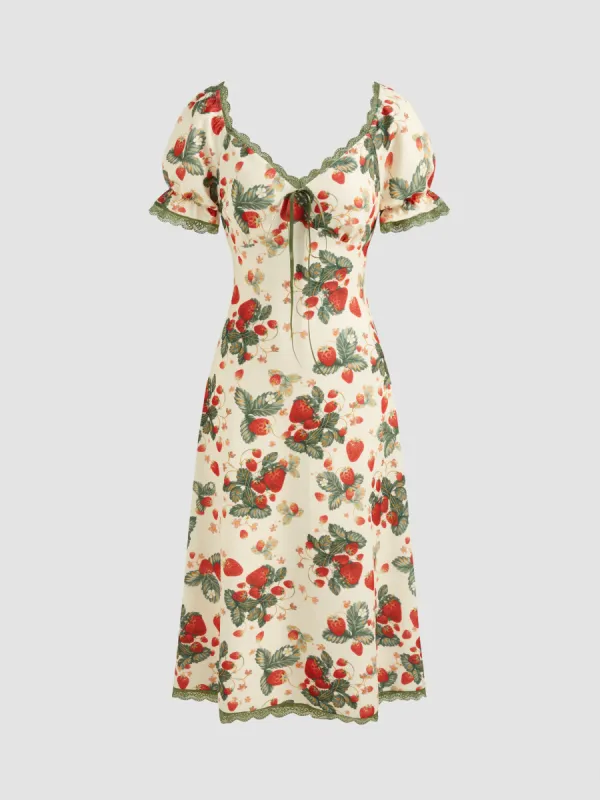Square Neck Strawberry Graphic Contrasting Lace Trim Midi Dress sold by Cider