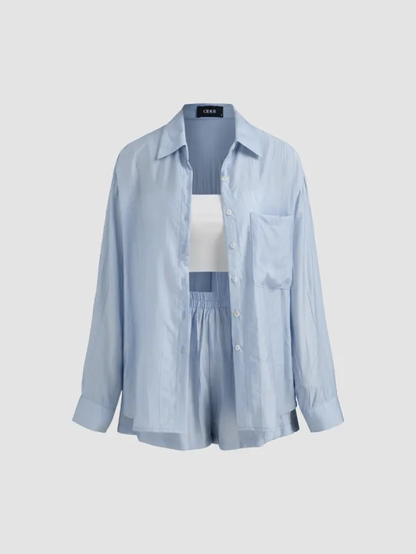 Collar Solid Long Sleeve Shirt & Solid Crop Tube Top With Mid Rise Solid Wide Leg Shorts sold by Cider
