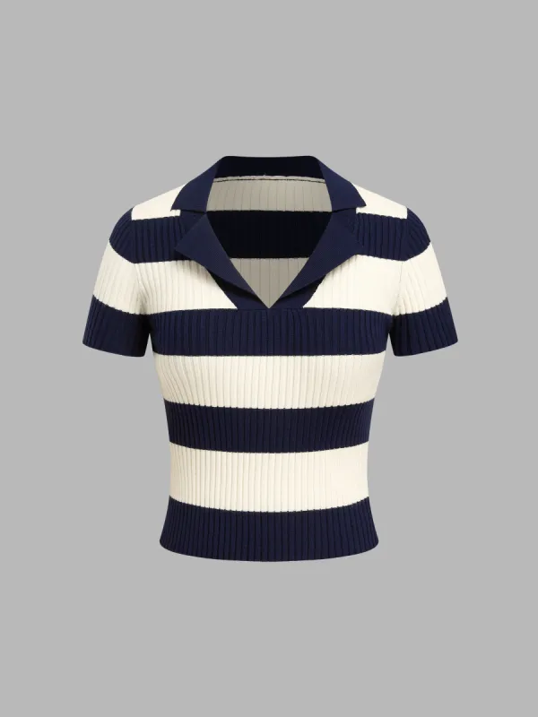 Cider Knitted Polo Striped Short Sleeve Top Curve & Plus