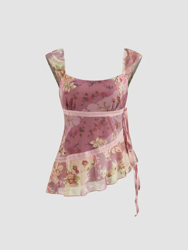 Mesh U-neckline Floral Asymmetrical Ruffle Trim Knotted Tank Top sold by Cider