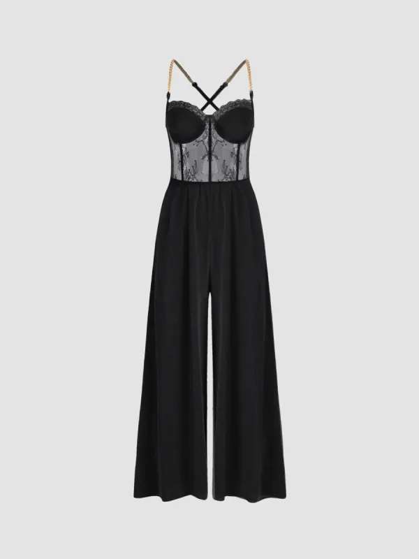 Solid Lace Corset Chain Cross Wide Leg Jumpsuit sold by Cider
