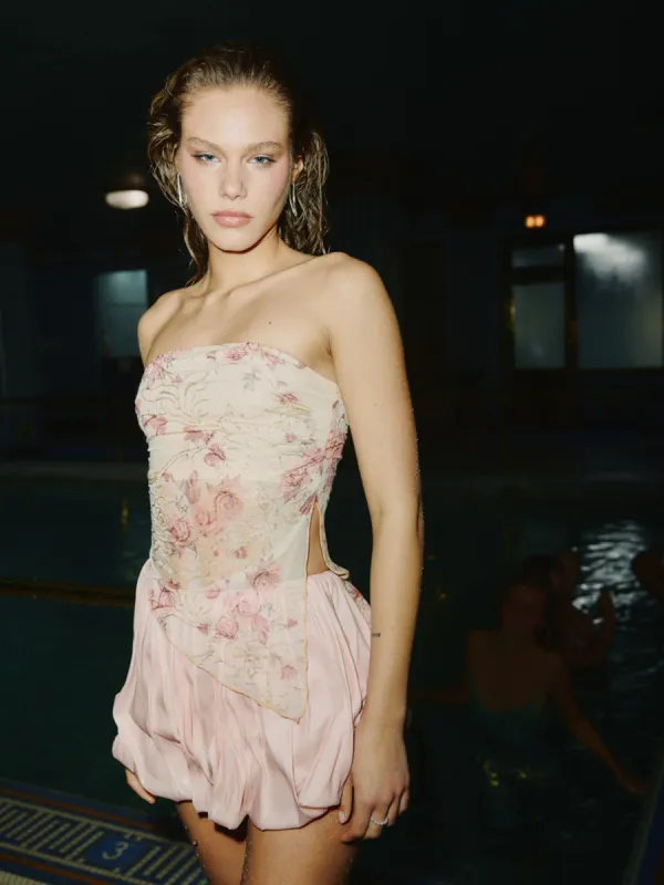 Mesh Floral Asymmetrical Hem Tube Top sold by Cider